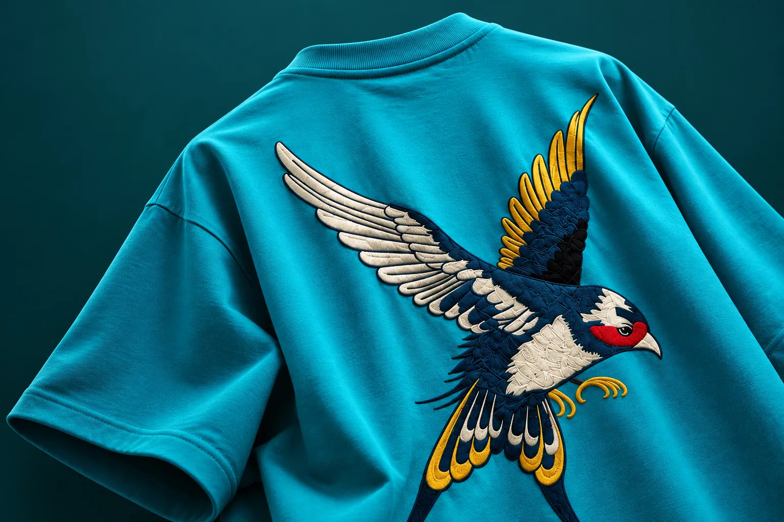 Embroidered bird across the back of an oversized turquoise tee