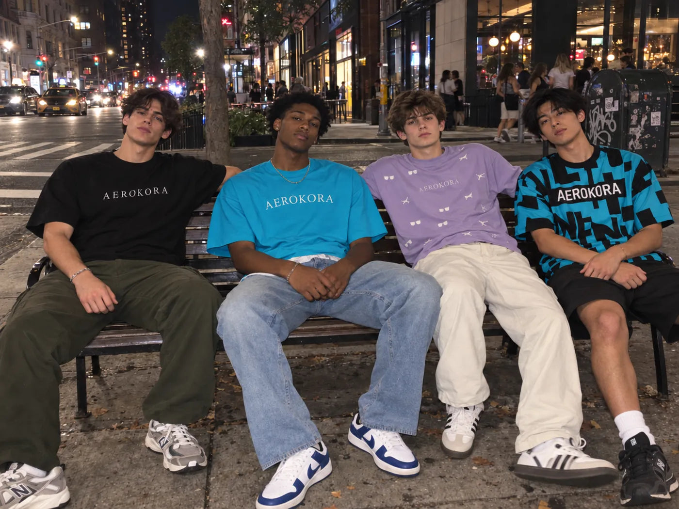 Four friends on a city bench at night in black, turquoise, lavender and printed AEROKORA tees