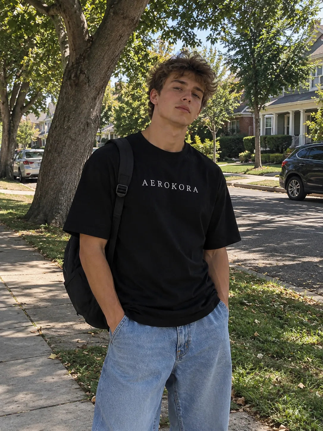 Black AEROKORA logo tee with loose blue jeans on a tree-lined street