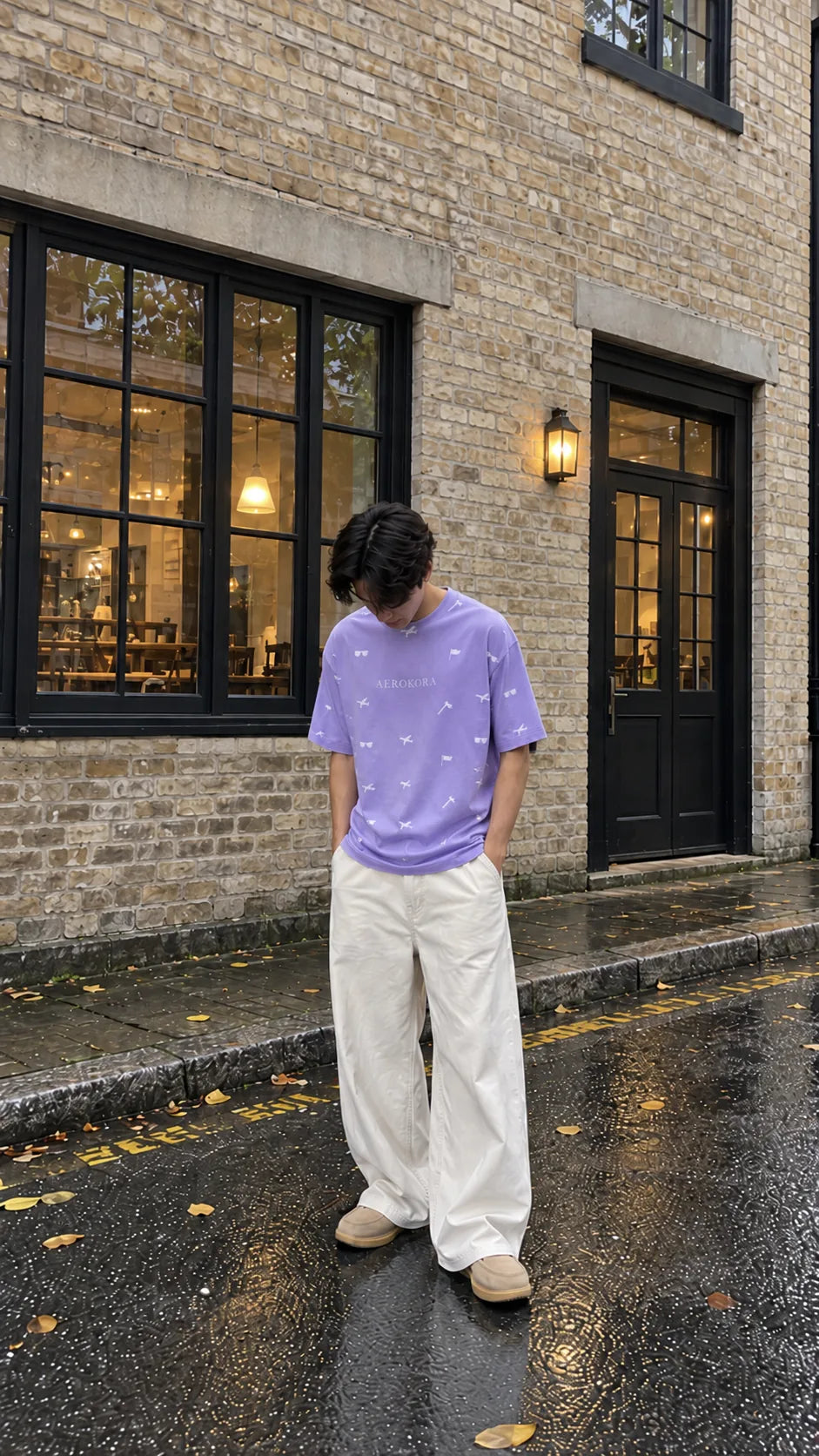 Lavender printed tee with cream trousers on a rainy street
