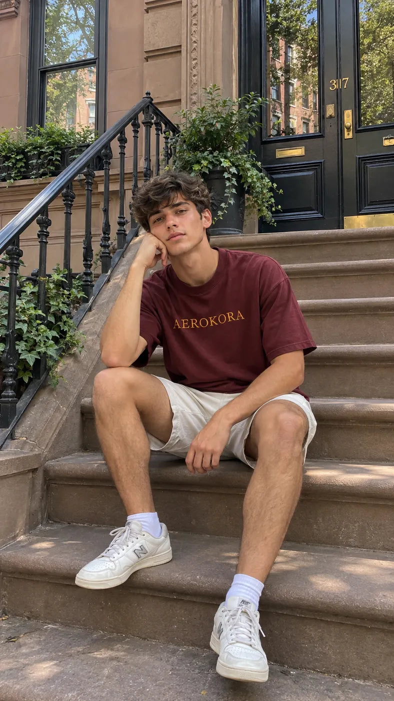 Maroon AEROKORA tee and cream shorts, sitting on a brownstone stoop