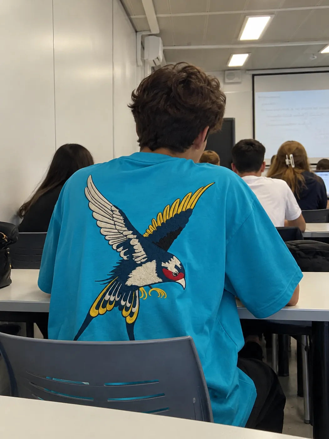 Back view of a turquoise bird-print tee in a lecture hall